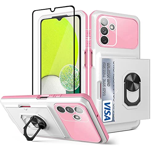 Guzhthi for Samsung Galaxy A14 5G Case with Card Holder Wallet, Galaxy A14 5G Screen Protector Glass, 3 in 1 Hybrid with Kickstand and Camera Cover Phone Case for Samsung A14 5G Case White Pink Qj