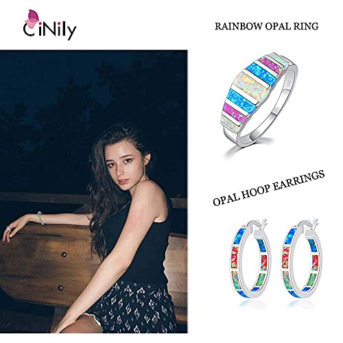 Cinily Women's Opal Rings,Create White Blue Pink Fire Opal Silver Plated Gemstone Ring Size 8 #TOP5