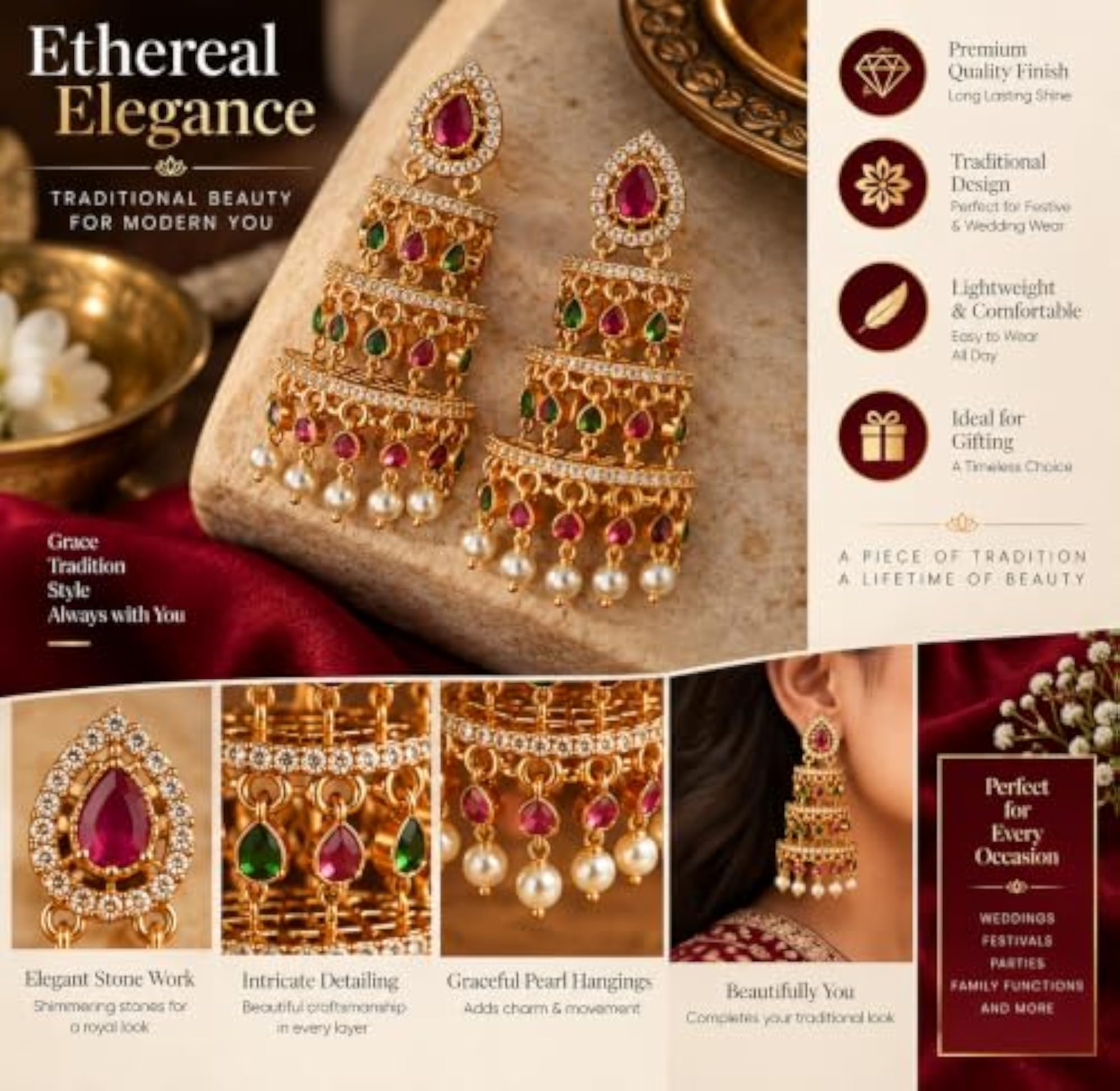 Women's Traditional Gold Jhumka Earrings with Multicolor Stones