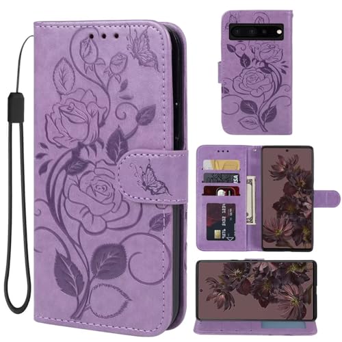 Vavies Case for Pixel 7 Pro Case, Google 7 Pro GE2AE Wallet Case, Flower Leather Flip Credit Card Holder Stand Phone Cover Cases for Google Pixel 7 Pro Purple