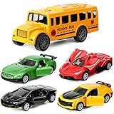 weilaga 5 PCS Die-cast Pull Back Vehicles,Mini Alloy Metal Models Car Toys,School Bus Toys,Police Ca