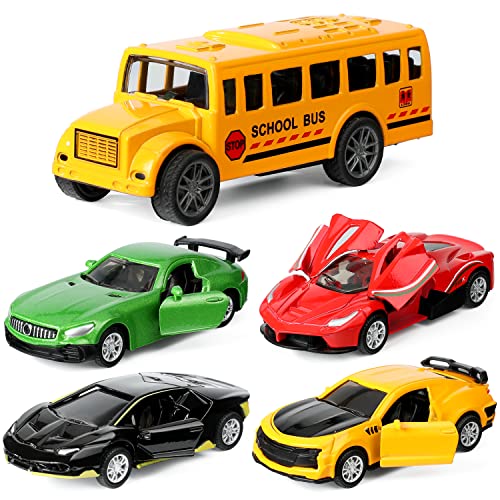 Weilaga 5 Pcs Die-Cast Pull Back Vehicles,Mini Alloy Metal Models Car Toys,School Bus Toys,Police Car With Openable Doors For Kids Boys Girls #TOP4