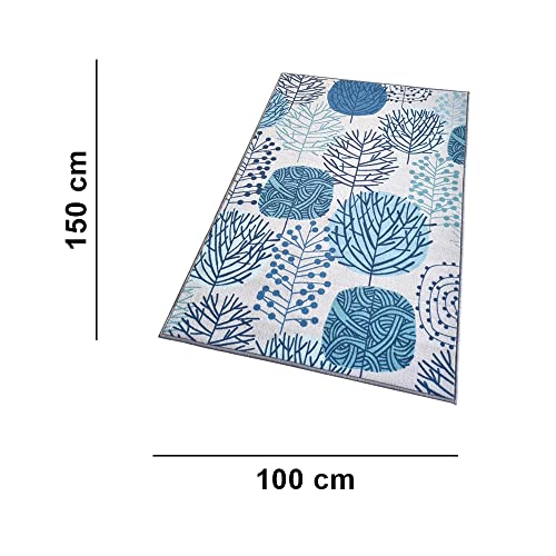 Image of Matz&More Floral Circle Tree Rug | 100x150 CM | Blue Grey | Soft Nylon Loop Pile with Anti-Slip Gel Backing | Living Room, Bedroom & Office Floor Carpet
