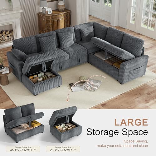 Image of Hanherry 106 inch Sectional Sofa with Pull Out Couch Bed,6 Seater Corduroy Sleeper Sofa with Storage Ottoman & USB Charging,Comfy L Shaped Modular Couches for Living Room,Apartment