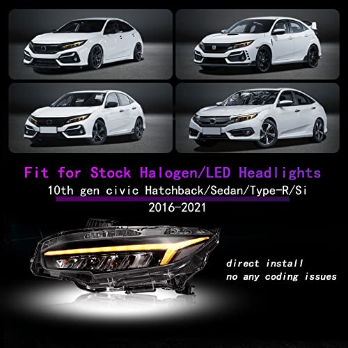 Archaic Headlights For 10Th Gen Honda Civic 2016-2022, Full Led Head Lamp With Sequential Turn Signal For Civic Sedan/Coupe/Hatchback, Headlight Assemblies For Ex/Lx/Sport/Touring/Si/Type R, Pair #TOP5