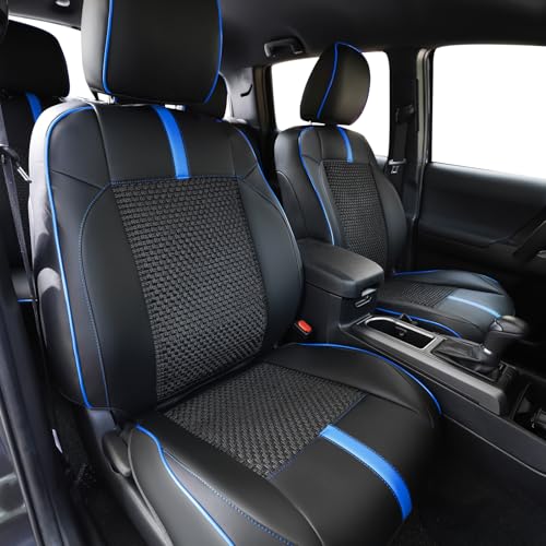 Image of Front Seat Covers Custom Fit for Toyota Tacoma 2016-2023 Double & Crew Cab SR,SR5,Limited,TRD Sport,TRD Pro,TRD Off-Road,Full Coverage Leather Seat Covers,Interior Accessories,Blue Black