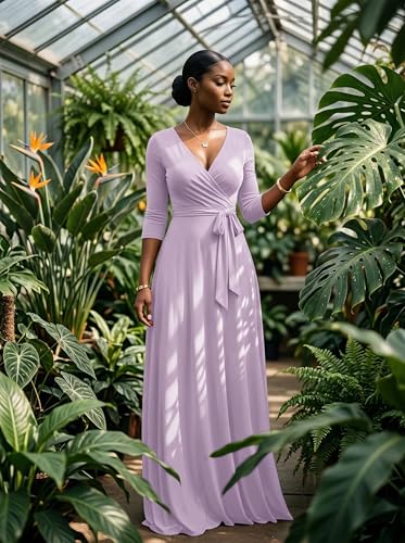 Image of PinkPatty Plus Size Maxi Dresses for Women Casual Flowy Long Dress 3 /4 Sleeve V Neck Wrap Dress with Belt
