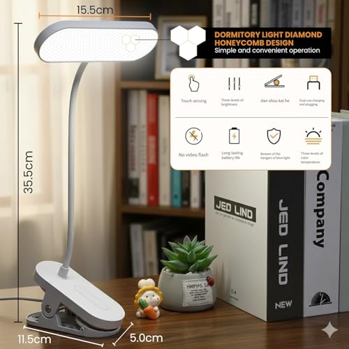 Image of Dyazo LED Table Desk Clip Lamp | Flexible Bendable Arm with 3 Color Modes & Adjustable Brightness | Eye-Caring Rechargeable with Power Indicator Light for Books Reading, Bed, Kids & Home Use (White)