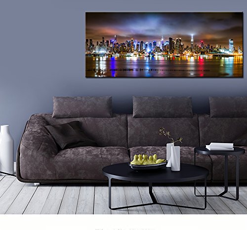Sechars - New York City Canvas Wall Art Manhattan Skyline Panorama On Cloudy Night Picture Giclee Art Print Modern Home Office Wall Decoration Stretched Canvas Ready To Hang #TOP3