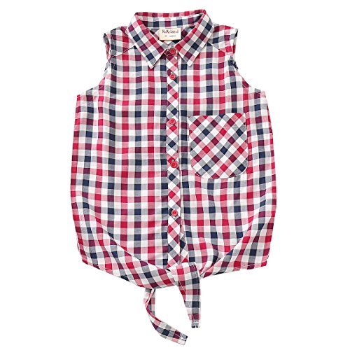 Image of Little Big Girls Sleeveless Woven Plaid Button Down Shirts with Collar Red Black Navy Color