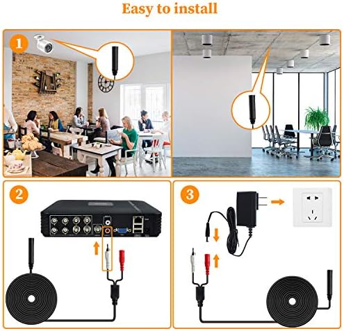 Dericam High Sensitive Microphone for CCTV/IP Camera/DVR/NVR, Mini CCTV Audio Pickup Mic, External Camera Sound, 60ft Cable, With Power Splitter, No Power Supply Included, AP1-2B, Black