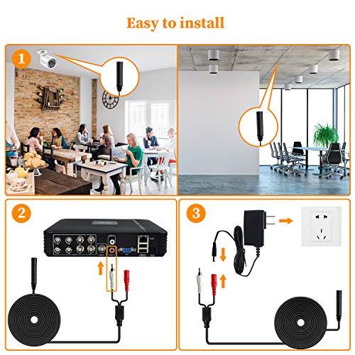 Dericam High Sensitive Microphone for CCTV/IP Camera/DVR/NVR, Tiny CCTV Audio Pickup Mic, External Camera Sound, 60ft Cable, with Power Splitter, Included 12V DC Power Adapter, AP1-2BP, Black - Thumbnail 6
