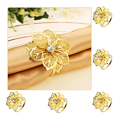 Anloo Lot de 6 ronds de serviette en métal en forme de fleur creuse avec strass pour mariage, banquet, Noël et décoration de table Doré Cover