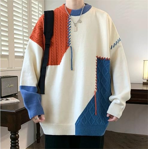 Mens Sweaters Patchwork Pullovers Streetwear Loose Casual Knit Jumper Pullover Casual Oversized Knitted Sweater, Medium3