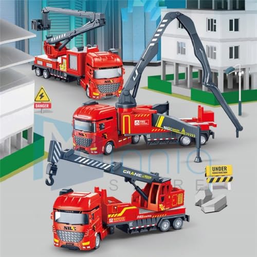 Image of Excavator and Military Tank, Manual Push Power Large Transport Trailer Vehicles Truck Toys Alloy Diecast Truck Set Toy Best Birthday Gift for Kids (Fire Resque Truck Set)