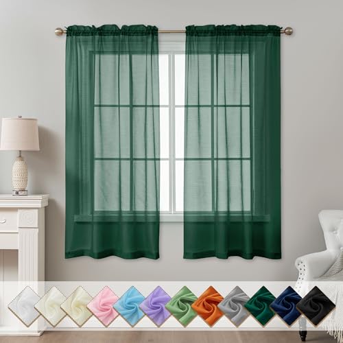 Image of Green Sheer Curtains 63 Inch Length, Privacy Semi Sheer Curtains for Living Room Bedroom, Light Filtering Rod Pocket Voile Window Drapes 2 Panels Set, Each 42 inch W x 63 inch L