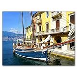 Glücksvilla - Lago de Garda Malcesine 2 (lienzo de 2 cm, 100 x 80 cm) de DE - Impresión XXL de pared horizontal - Lago Italia Puerto Velero Barco Tirol