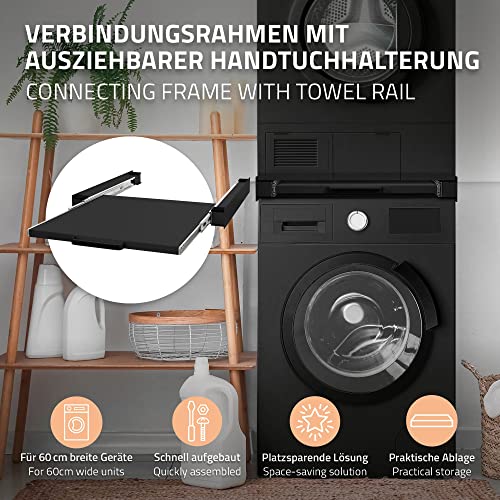 ML-Design Universeel Tussenframe met Uitschuifbare Plaat van Staal 60x60 cm Zwart Verbindingsframe voor Wasmachine en Droogkast Tussenbouwset met Uitschuifelement als Opbergruimte voor Wasmand - Afbeelding 5