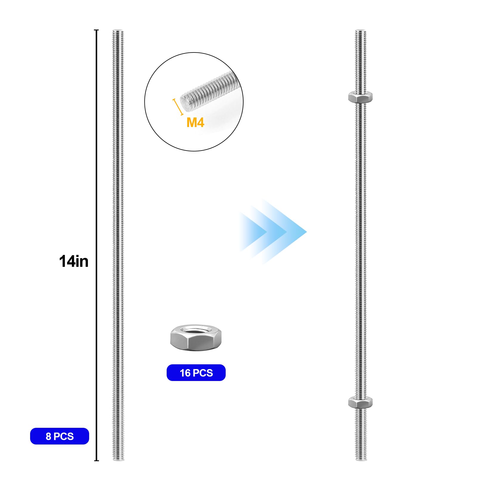 Stainless Steel Threaded Rods & Hex Nuts - 14" -3