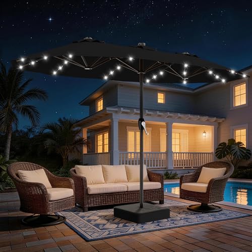 Solar Umbrella Review 3 AreShark 15FT Patio Umbrella with Solar Lights, Double Sided Outdoor Table Umbrellas with Crank, Large Rectangular Market Umbrella for Porch, Lawn, Pool, Backyard, Black