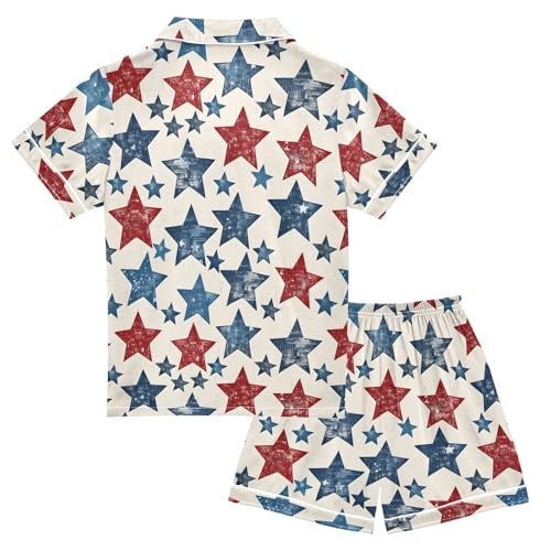 ALAZA Retro Red Blue Star Satin Pajamas Set Short Sleeve Button Down Sleepwear Summer Pjs 2 Piece2