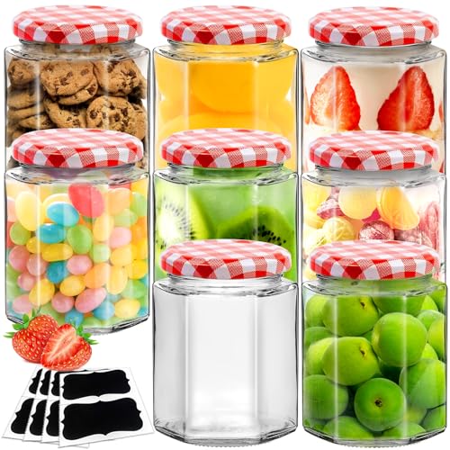 Showvigor 8pack Glass Jam Jars with Red Gingham Lid - 280ml/9oz - Hexagonal Storage Glass Jars, Clear Airtight Jar for Pickling, Chutney, Jam, Coffee