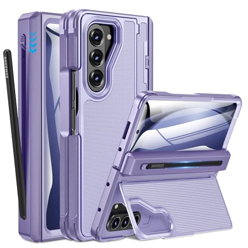 Caka for Samsung Galaxy Z Fold 5 Case [Thinner S Pen Holder] [Hidden Kickstand] [Hinge Protection] [Screen Protector] Full Body Hard Shockproof Phone Cover with Anti-Slip Textured for Fold5 - Purple