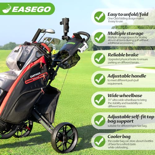 Image of EASEGO Golf Push Cart 3 Wheel : Golf Bag Cart Foldable with Phone Holder /Cup /Umbrella Holder Compact Golf Pull Carts Quick Fold Golf Caddy Push Carts with Large Wheelbase for Different Terrain