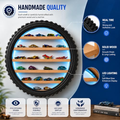 Image of Wall Mounted Tire Display Shelf with LED Lights for Kids Room | Wooden Circular Tyre Rack, Die-Cast Cars, Toy Car Organizer Storage, Handmade Tire Shape Floating Shelf (Blue Light)