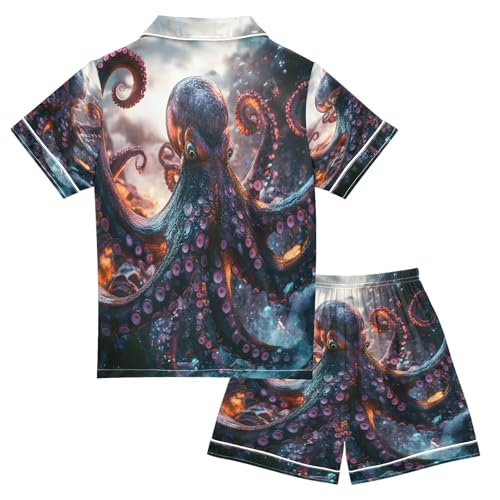 ALAZA Dark Octopus Fish Ocean Satin Pajamas Set Short Sleeve Button Down Sleepwear Summer Pjs 2 Piece2