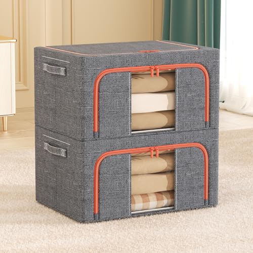 Image of HOKIPO 66L Large Folding Storage Box and Organiser for Clothes, Wardrobe Storage Box, Ash Grey Pack of 2 (AR-6673-AGRY*2)