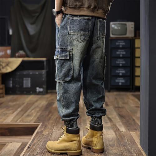 Cargo Jeans for Men Loose Fit Vintage Denim Jogger Blue Pants Streetwear Multi Pocket Work Pants3