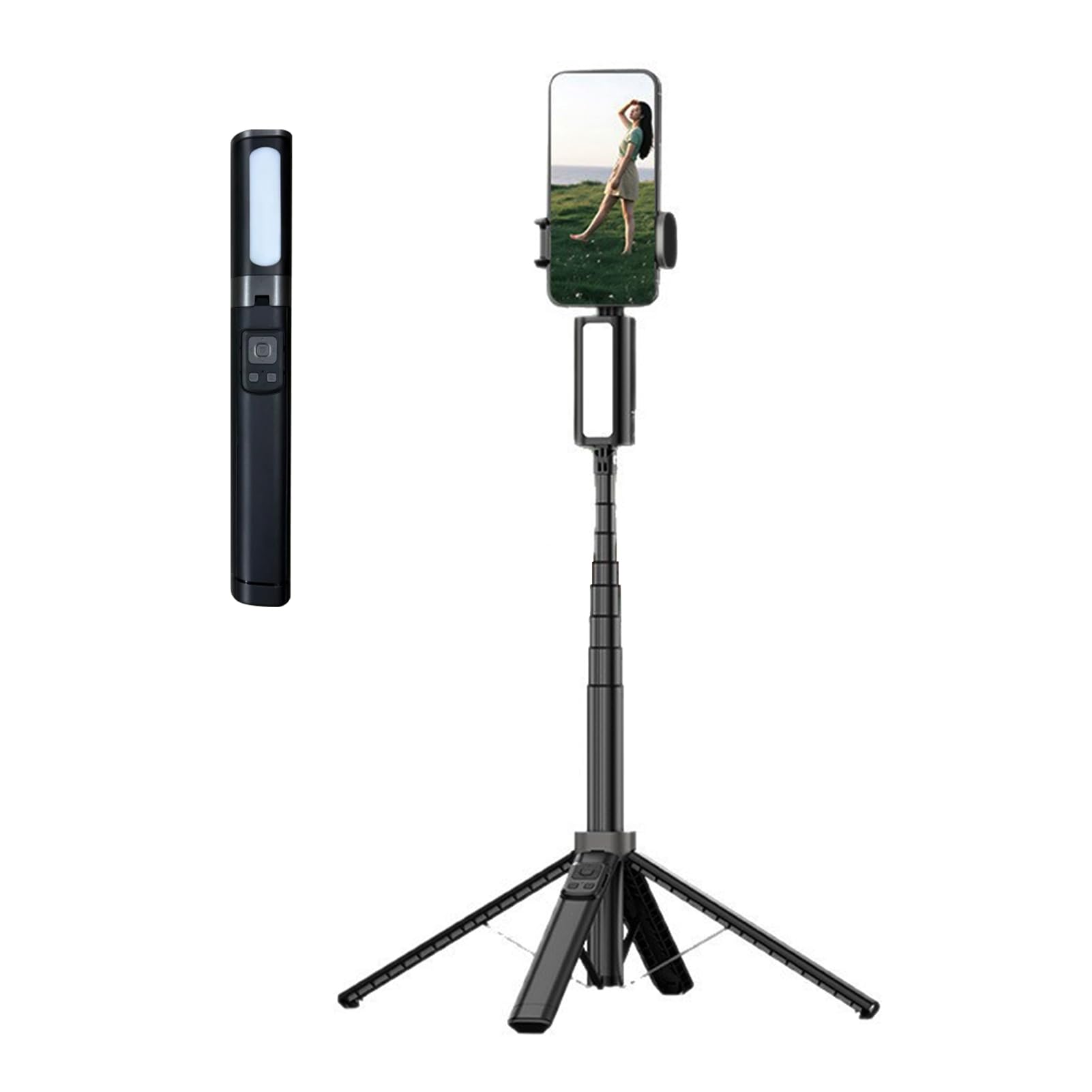 LICAEVEY Treppiede Selfie Stick a 4 Gambe per Registrazione Video in Streaming Live, Supporto Portatile Allungabile da 31 a 150 Cm in Lega di Alluminio con 27 Luci di Riempimento LED e