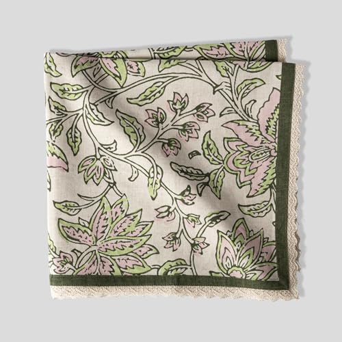 Image of FINGERCRAFT Floral Print Cloth Napkins Set of 6, 20x20 Inch, Cotton Linen Blend with Lace Edge, Block Print Table Napkins, Reusable Dinner Napkins for Dining, Parties & Festive Tables (Pink Flower)