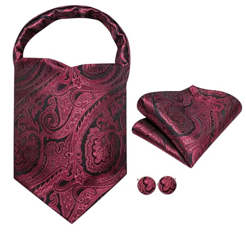 Image of Hi-Tie Silk Ascot for Men Self Tie Men's Cravat and Flower Lapel Pin Handkerchief Cufflinks Set for Wedding Party