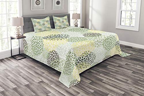 Lunarable Floral Bedspread, Modern Floral Ornate Petals Flourish Traditional Springtime Garden Leaves, Decorative Quilted 3 Piece Coverlet Set with 2 Pillow Shams, Queen Size, Brown Yellow