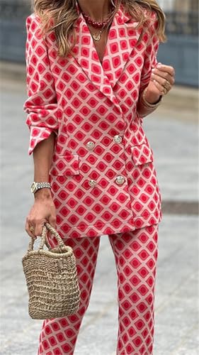 Women's Sexy 2 PCS Printed Double-Breasted Blazer Jackets Bodycon Pants Cocktail Party Outfits Tracksuit Sweatsuit Set4