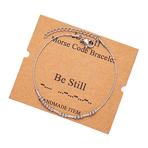 Image of JoycuFF Inspirational Morse Code Bracelets for Women Silver Beads Jewelry Encouragement Mantra Gifts for Her