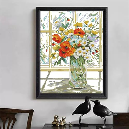 Image of JOYSEWING Flower vase Pattern Stamped Cross Stitch, Counting Cross Stitch Kit for Adult Beginners, DIY Needlepoint Craft Kits, Home Decor- (Flower vase on windowsill(Printed) 14.17 x17.72 inch)
