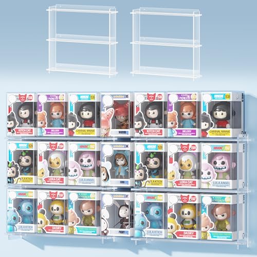 WINKINE Floating Display Shelves Compatible with 21 Funko Pop in Box Acrylic Shelves for Wall Clear Figures Display Case for Boxed Characters Stackable Collectibles Figure Stand 2 Pack (Clear)
