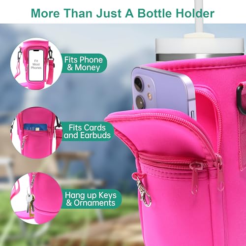 Image of Water Bottle Carrier Bag with Strap for Stanley Cup 40oz /30oz with Phone Pocket, Neoprene Cross-Body Insulated Water Bottle Holder for Tumbler with Handle, Stanley Cup Accessories, Hot Pink