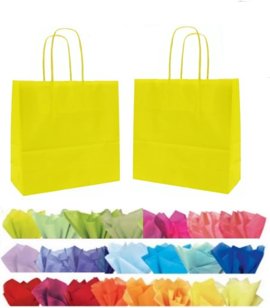 x 10 YELLOW GIFT BAGS WITH MATCHING TISSUE PAPER - CHRISTMAS/BIRTHDAY/PARTY BAG