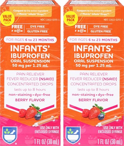 Image of Rite Aid Infants' Dye-Free Ibuprofen Drops, Berry Flavor, 50 mg - 2 Value Pack | Infant Pain Reliever | for Babies Ages 6 to 23 Months | Oral Suspension 50 mg per 1.25 mL | Gluten Free
