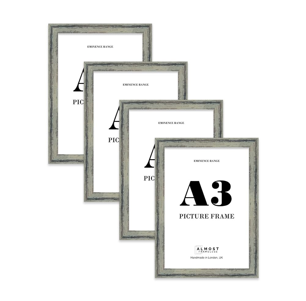 A3 Distressed Green Picture Frame - Rustic Wood Industrial Effect Photo Frame for Wall Display, Ideal for Posters, Prints & Home Décor, Wall Hooks, 32mm Edge - 4 Pack