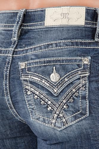 Miss Me Women's Sequined Cross Stitch Embellished Faux Flap Pockets Mid-Rise Bootcut Jeans4