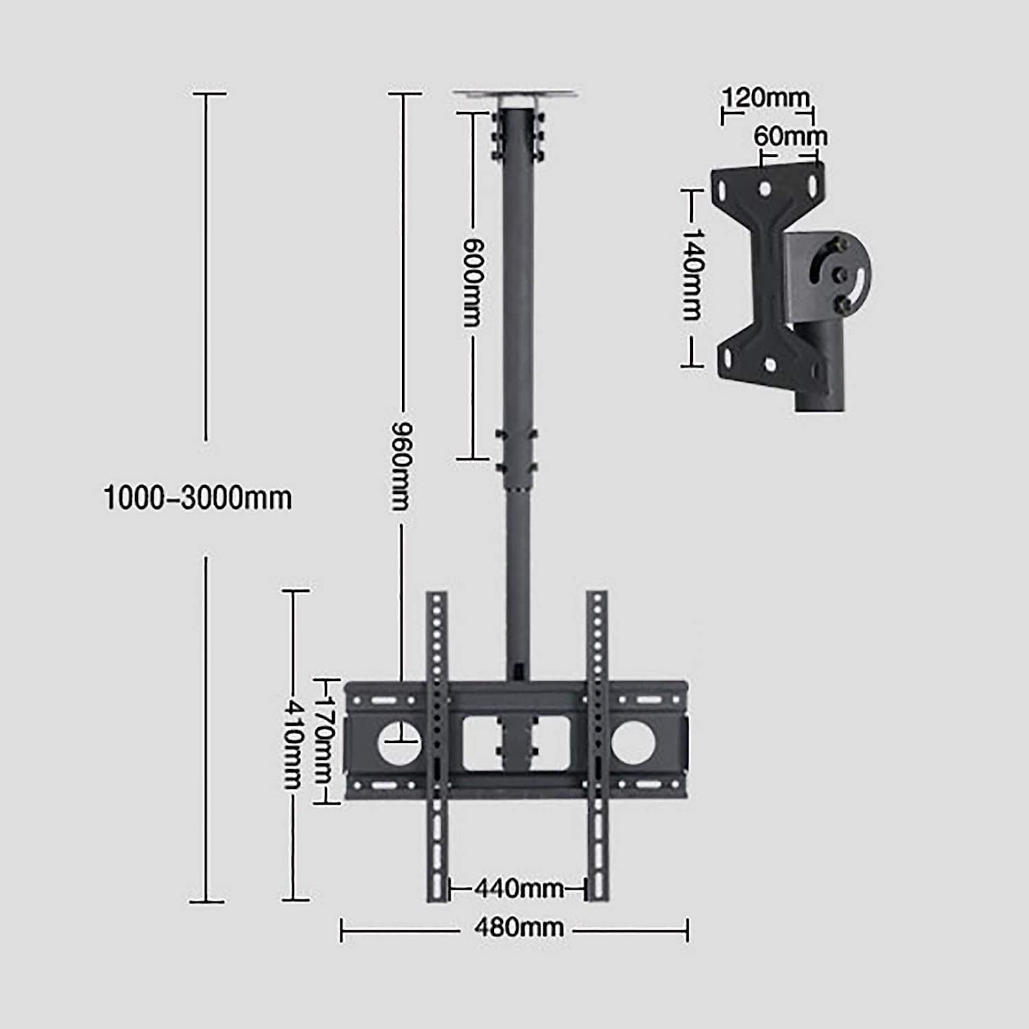 Soporte de TV Ajustable, inclinable y Giratorio, hasta VESA 400 x 400 mm, para Techo, Ideal para centros comerciales, oficinas y Tiendas. Negro （1.5m）