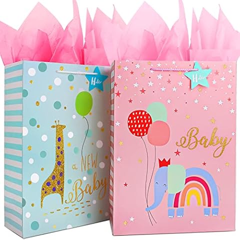 Baby Gift Bag with 4 Tissue Paper,Baby Girl Gift Bags for Baby Shower,New Baby,Newbrn,New Mom,Baby Shower Bag Paper Gift Bags with Handles,Pink Gift Bags Small for Present Bag for Gift(2Pack,Small) Cover