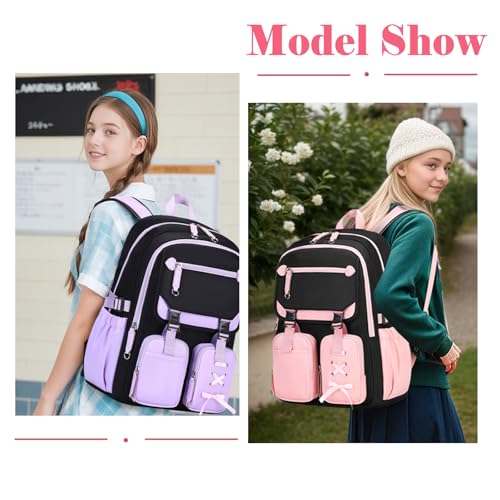 3pcs Cute Aesthetic Girls Backpack with Lunch Box Pencil Case Set, Elementary Middle High School Student Book Bag for Kids Teens, Large Capacity Kawaii Preppy Bow Tie Bookbag 6