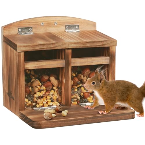 MIXXIDEA Large Squirrel Feeder House, Wooden Squirrel Feeders for Outside, Chipmunk Feeder Made of Thick Wood, No Assembly Required (Brown)