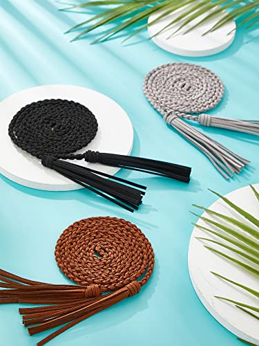 Geyoga 6 Pieces Women's Waist Belt Braided Woven Tassels Chain PU Leather Rope Skinny Tie Boho Fringe Belt for Skirt Dress3